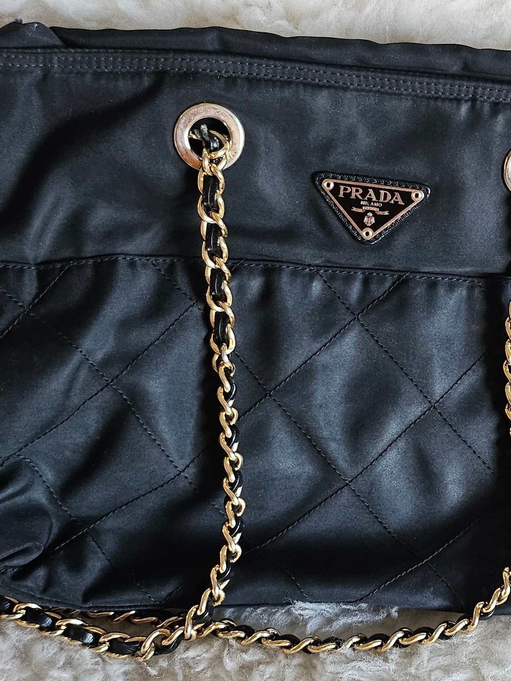 PRADA Black Quilted Shoulder Bag with Gold Chain